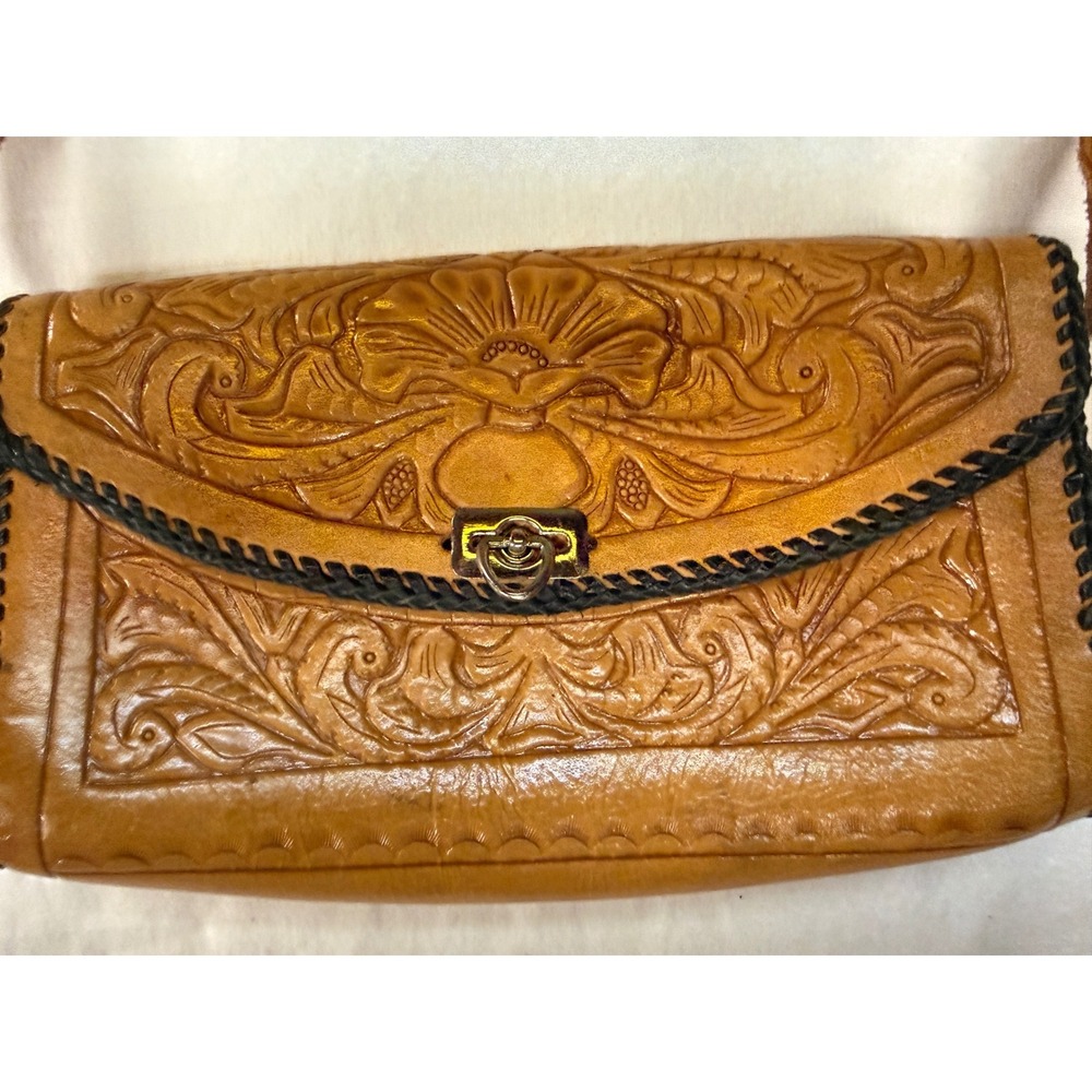 Handmade Art Nouveau Tooled Leather Crossbody Bag Tan Floral Whipstitch Vintage